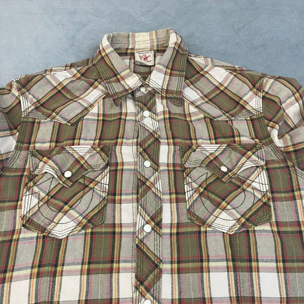 True Religion Western Shirt Mens Large Plaid Good Pearl Snap Horseshoe Pocket